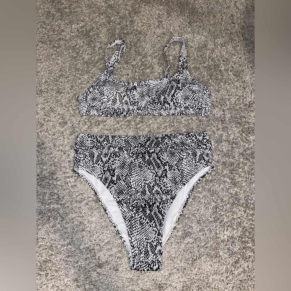 Black and white snake print high waisted bikini
